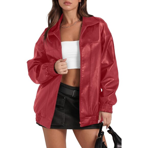 Women's Faux Leather Jacket Oversized Bright Red Bomber Coat Fall Winter Outfits - Picture 1 of 3